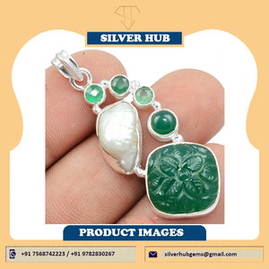 จี้มุกนิลแกะสลักสีเขียวเงินสเตอร์ลิง925ล่าสุดทำด้วยมือ - Product Image 4