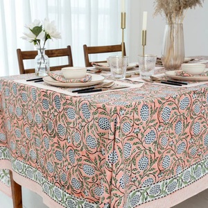Handmade Salmon Pink Pomegranate Pattern Floral Cotton Tablecover Block Printed <b>Rectangle</b> <b>Tablecloth</b> Indian Style for Home Decor - Product Image 4