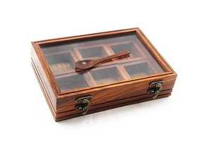 Boîte à épices en bois avec compartiments carrés, cuillère en bois, Masala Dabba traditionnel pour la cuisine - Product Image 5