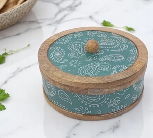Fabriqué à la main vert Paisley imprimé manguier bois Chapati boîte magasin boîte chauffe-casserole cuisine décor à la maison rond Roti Dabba - Product Image 2