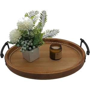 Bandejas de madera de acacia de calidad superior de proveedor de confianza Bandeja de madera de forma redonda con asas de metal a buen precio de la India - Product Image 2