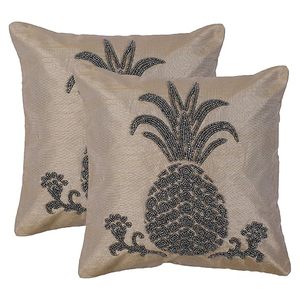 Funda de Almohada Decorativa Blanca y Dorada, Funda de Almohada de Algodón con Lentejuelas, Diseño de Damasco con Cuentas, Estilo Victoriano - Product Image 2