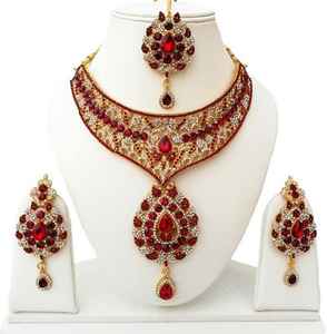 Vintage Style Crystal Rhinestone Imitation Pearl Flower Alloy Red Wedding Jewelry Set Necklace Earrings Headpiece Gold Plated - Product Image 1