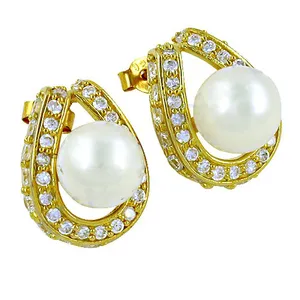 Gold Plated Pearl <b>Stud</b> Earrings with Cubic Zirconia Pave for Women's Wedding Jewelry - Product Image 3