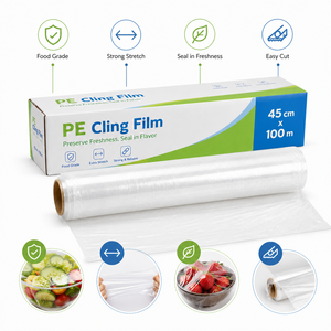 Commercial 30cmx50m 20 Micron Polyethylene Cling Film Water Soluble Protective Roll for Food Service 45cm Width 300m Plain - Product Image 1
