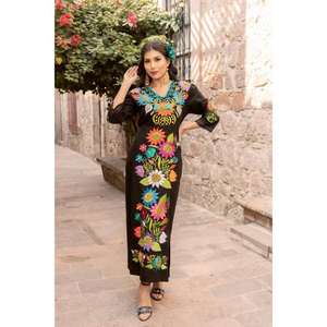 <b>Women</b> Black Embroidered Long Kurti Dress Floral Ethnic Mexican Style Kaftan Sleeve Straight Maxi <b>Kurta</b> - Product Image 3