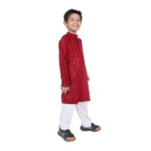 TRILOKI Kids Kurta Set for Boys <b>Red</b> Rayon Indian Traditional Ethnic Wear with Sequined Embroidery Pakistani Dress Style PARKID14 - Product Image 3