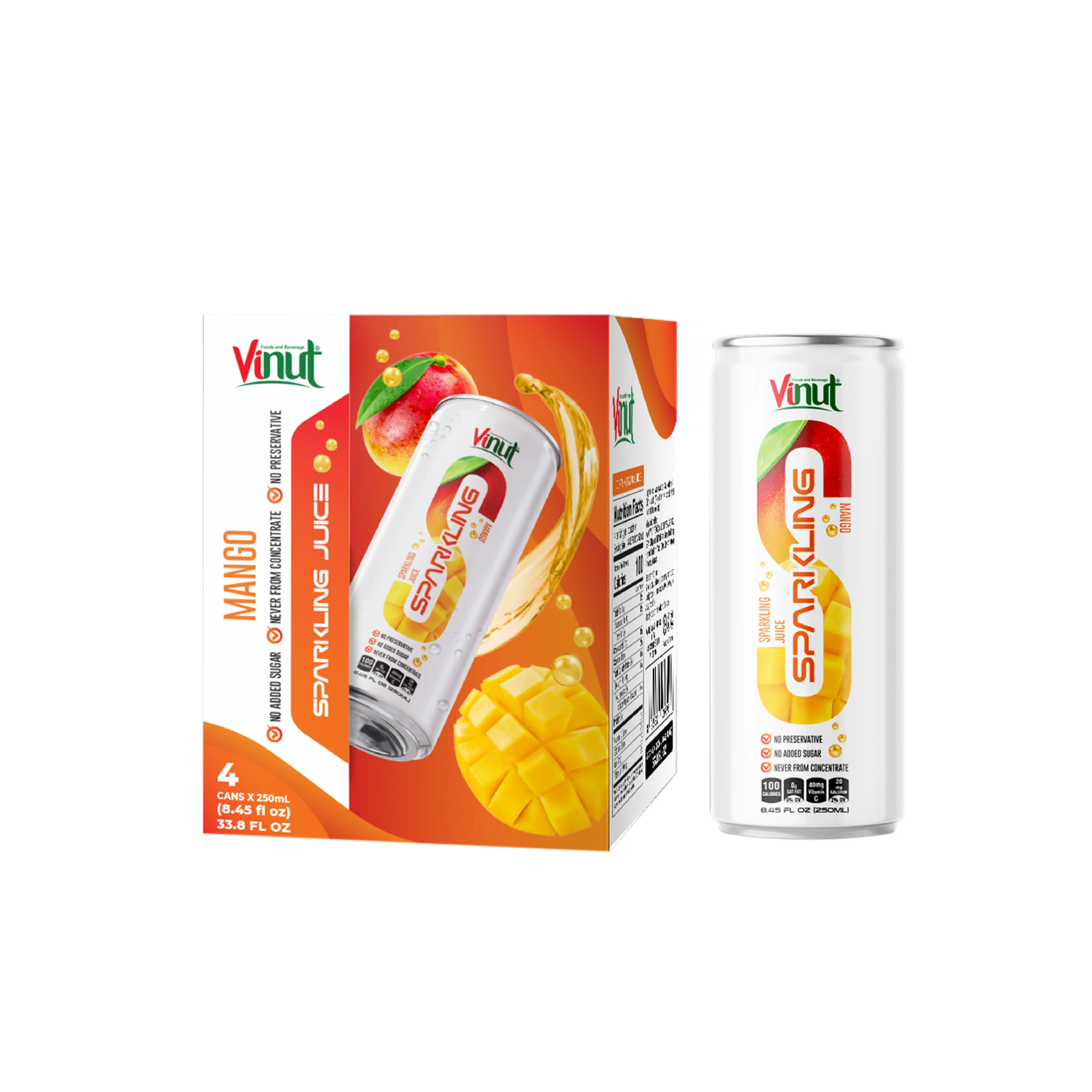 250ml d'eau pétillante boisson gazeuse mangue jus de fruits fabriqué au Vietnam sans sucre faible en gras échantillon gratuit marque privée fabrication OEM