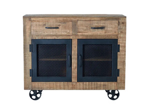 Buffet de style industriel moderne avec finition rustique en bois de manguier et portes métalliques, accompagné de dessous-de-verre en métal - Product Image 6