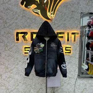 Premium Quality Trending Zipper Hoodie <b>Rhinestone</b> Zip up <b>Jacket</b> Acid Wash Vintage Washed Men Fleece Streetwear Hoodie - Product Image 1