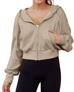 Sudadera con Capucha Corta para Mujer, Color Beige, Corte Holgado, Manga Larga, con Cordón, Estilo Casual, para Uso Diario - Product Image 1