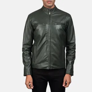 Iconic Green Men's Biker Jacket Real Leather Sheepskin Aniline Zipper with Quilted Viscose Lining and inside outside Pockets