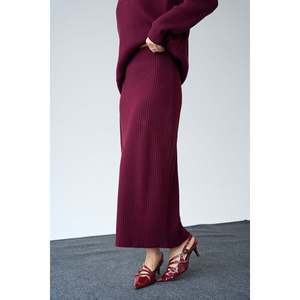 Burgundy V-Neck <b>Sweater</b> and Skirt <b>Set</b> - Product Image 3