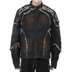 Hot Trending Custom Vintage <b>Tie</b> Dye Print <b>Men's</b> Street Wear Designer <b>Black</b> Acid Wash Boxy Zip up Button Denim Blue Jacket - Product Image 1