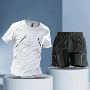 Otoño fino ocio impreso hielo seda deportes conjunto hombres cuello manga corta cintura elástica pantalones cortos correr secado rápido chándal - Product Image 3