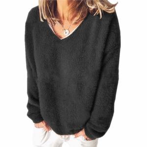 <b>Womens</b> V-Neck Fluffy Sweatshirt Ladies Casual <b>Tops</b> Pullover Jumper Plain Solid Pullover <b>Fleece</b> Long Sleeve Sweatshirt RRI-WSS-25 - Product Image 2
