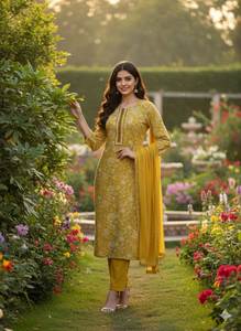 Ensemble Kurta et Pantalon en Rayonne Imprimée Florale pour Femme avec Dupatta en Georgette – Vente en Gros - Product Image 4