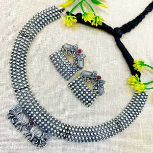 High Quality Oxidised Silver Look Like <b>Elephant</b> Hasli Necklace <b>Earrings</b> Set Ideal For Festivals Vintage Charm Indian Traditional - Product Image 2