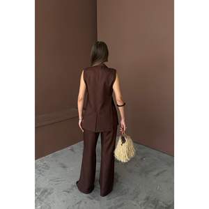 Conjunto de Traje de Lino Marrón para Mujer, Chaleco con Cuello y Estampado de Conchas de Almeja y Pantalones - Marrón Elegante - Product Image 1