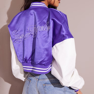 OEM Custom Logo Streetwear Leather Women Girls Stain Cropped Varsity <b>Bomber</b> <b>Jacket</b> Custom Baseball Crop <b>Jackets</b> for Your Brand - Product Image 2