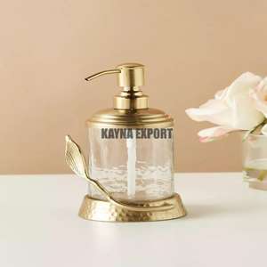 Distributeur de savon en bouteille en verre avec dessus et base en métal doré personnalisé direct d'usine ensemble de comptoir de vanité pour toilettes et hôtels - Product Image 1