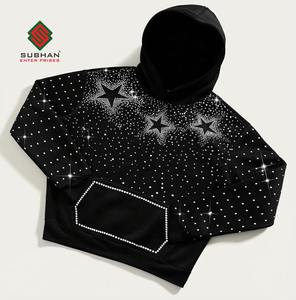 Sweat à capuche unisexe en polaire tricotée imperméable et respirante avec étoile en strass noir, 100% coton, pull scintillant - Product Image 1