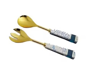 <b>Gold</b> Salad <b>Spoon</b> Fork Enamel Wooden Handle Salad Server Sets for Wedding Hotels Restaurants - Product Image 1