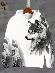 Men's Retro Style <b>Wolf</b> and Feather Pattern Hooded Sweatshirt With Drawstring and Kangaroo Pocket, Sports Hoodie for Fall - Product Image 4