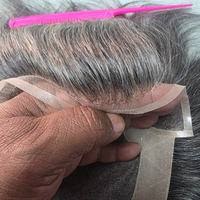 Taz Hair BD Fusion Perruque toupet en cheveux humains Remy à trame nouée à la main, base en dentelle frontale, couleur mixte 1B, patchs capillaires gris, prothèse capillaire