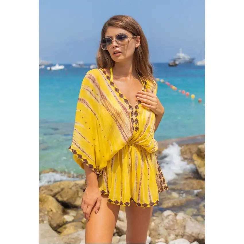 2023 Nieuwe Collectie Tie Dye Korte Gele Kaftan Resort Strandjurk Kaftan Knielengte Tie Dye Korte Kaftan