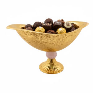 Bol en chocolat doré, plat de service texturé moderne avec socle en marbre rose, bol en métal plaqué décoratif pour la décoration de mariage et de la maison - Product Image 1