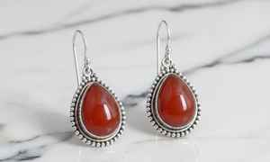 Carnelian <b>Teardrop</b> Dangle <b>Earrings</b> Sterling Silver Beaded Bezel Drop Simple Artisan Jewelry Gift For Women - Product Image 5