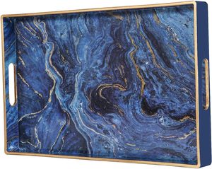 Plateau rectangulaire en bois marbré avec poignées, plateau de service traditionnel pour mariage, pour la nourriture et la décoration - Product Image 1