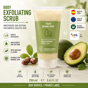 Gommage corporel à l'avocat et au jojoba en marque privée 250 ml OEM |   Soins corporels exfoliants naturels et végétaliens |   Espagne UE - Product Image 1