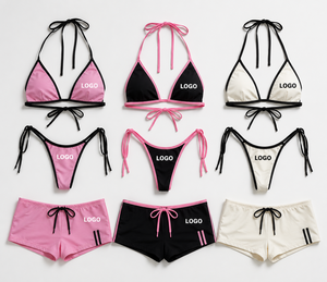Conjunto de Bikini de Color Sólido para Mujer, Top Cruzado con Tirantes Ajustables y Pantalones Cortos con Cordón, Ribete en Contraste, Traje de Baño Elástico de Spandex - Product Image 1