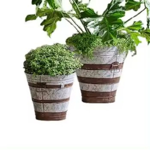 Set of 2 Home Decorative Planters <b>Galvanized</b> Iron and Copper <b>Strips</b> Bucket Planters Custom Shape Flower Plants Pot - Product Image 1