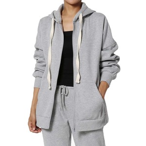 Sweat-shirt zippé en molleton écologique 100 % coton pour femme, coupe décontractée à épaules tombantes, col en V, avec poche avant - Product Image 1