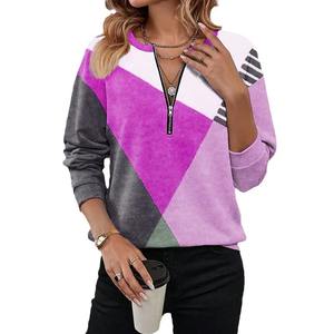 T-shirt à manches longues pour femme avec col zippé, haut décontracté d'automne, sweat-shirt respirant à blocs de couleur pour femme - Product Image 5