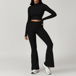 2PCS Yoga Set Women's Fitness Long Sleeve Zipper T Shirt Top High Waist Leggings Short Sport Suit Running Sportswear Tracksuits - Product Image 1