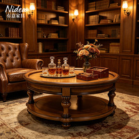 Mesa de Centro Redonda de Madera Maciza Tradicional, Mesa de Centro Clásica de 2 Niveles con Bandeja Superior y Patas Talladas, Muebles Vintage para Sala de Estar