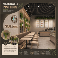 Présentation de la conception intérieure d'un café commercial avec étagère de présentation en grille de bois, ensemble de mobilier de café à sièges variés pour centre commercial