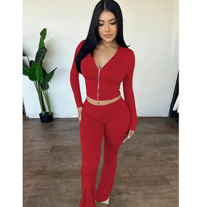 ชุดเสื้อสเวตเตอร์สองชิ้นมีซิปสำหรับเด็กผู้หญิงกางเกงขากว้างแขนยาวเสื้อครอปบอดี้สูทยืดได้ - Product Image 4