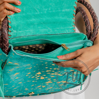 Bolso con flecos de cuero de vaca de bronce LW piedra turquesa adornado país occidental vaquera estilo gitano bolso