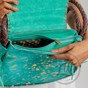LW Bronze Cow Leather Fringe Handbag Turquoise Stone Embellished Country Western Cowgirl Gypsy Style Bag - Product Image 5