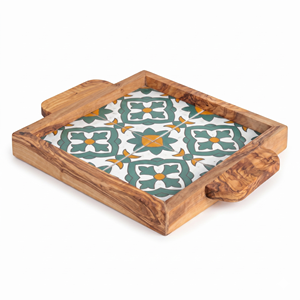 Plateau de service carré élégant en bois d'olivier et céramique, plateau ottoman pour la décoration moderne de table basse - Product Image 1