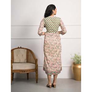 เดรสผ้าฝ้ายทรงเอไลน์พิมพ์ลายบล็อกสีเขียวครีม สไตล์ลำลองฮิปปี้ ดีไซน์สั่งทำได้ ไซส์ XS ระบายอากาศได้ดี เหมาะสำหรับใส่ไปเที่ยวคลับ - Product Image 5