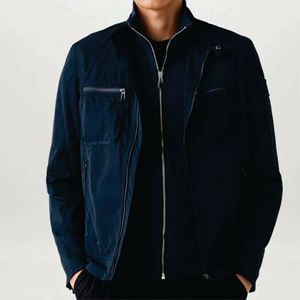 Men Zip Jacket Navy Blue Solid Color Full Zipper Stand Collar <b>Sweatshirt</b> Casual Slim Fit Lightweight Streetwear Outerwear - Product Image 3