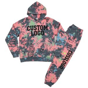 2026 à la mode hommes hiver écologique à capuche en détresse ensembles de sweat à capuche nouveau Design Grunge Vintage lavage survêtement personnalisé imprimé Logo - Product Image 1