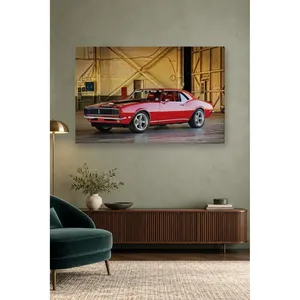 Impression sur toile Fida Red Racing Camaro dans un hangar en bois - Product Image 5