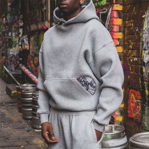Ensemble de survêtement en coton doux pour homme, vêtements de rue décontractés, broderie personnalisée, épaules tombantes, coupe courte, sweat-shirt à capuche - Product Image 5